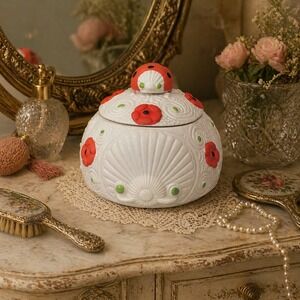 Vintage 4" Lefton China Hand Painted LADYBUG Trinket Box Dish Bisque Finish EUC